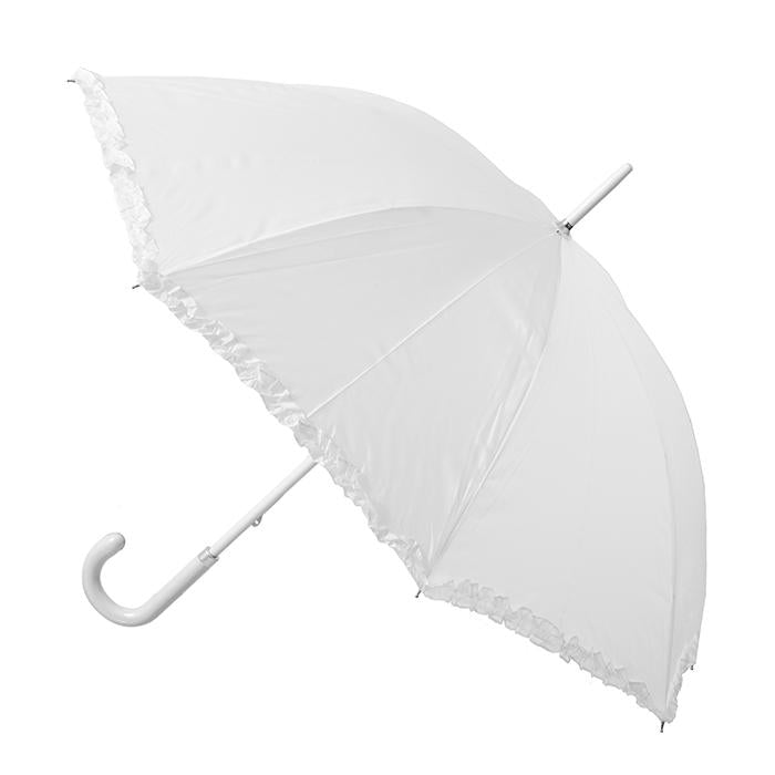 White Single Frill Wedding Umbrella with White Wood shaft and handle